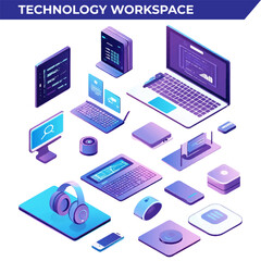 isometric illustration of a technology workspace featuring clean and simple smart devices, laptops, and digital tools