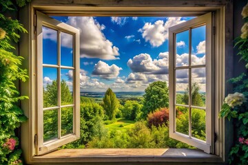 Fototapeta premium Serene Vintage Window View of Lush Greenery and Vibrant Sky with Fluffy Clouds Inviting Peace and Tranquility in a Cozy Room Setting
