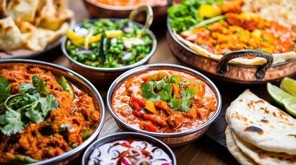 Obraz premium Colorful Indian Cuisine Display with Dishes and Appetizers Indian food cuisine