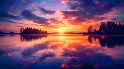 Obraz premium Serene Lakeside Sunset with Vibrant Sky Reflections and Silhouetted Trees
