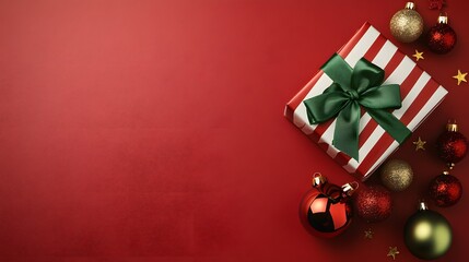  Elegant vertical Christmas scene featuring beautifully wrapped gifts and colorful ornaments on a vibrant red background creating a festive holiday atmosphere 