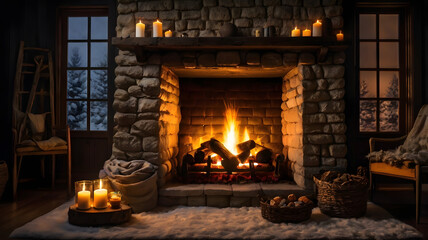 fireplace with fire, ai generated