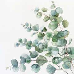 eucalyptus branches with round gray-green leaves on a light background. The image looks like a watercolor painting or a delicate botanical print.