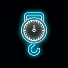 Fototapeta premium Blue and white neon icon of a hanging scale with a circular dial and hook, glowing on a black background
