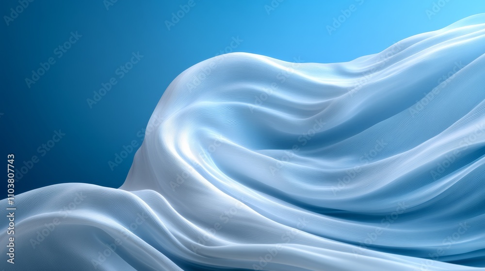 Poster Elegant flowing waves of white translucent fabric, creating a soft and dynamic look against a bright blue gradient background..