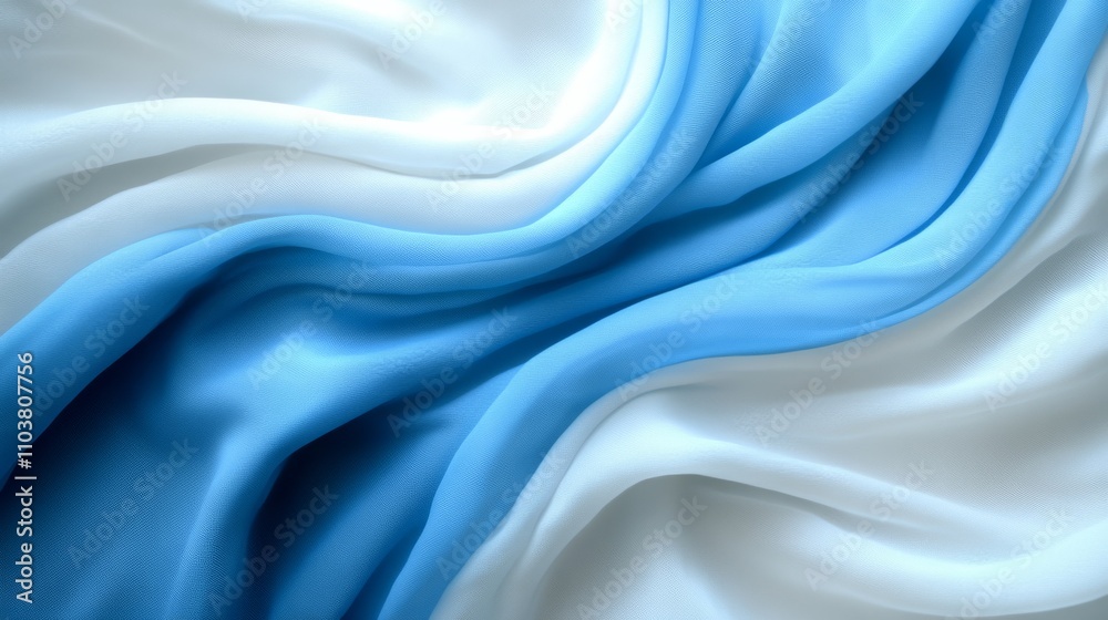 Poster Elegant flowing waves of white translucent fabric, creating a soft and dynamic look against a bright blue gradient background..