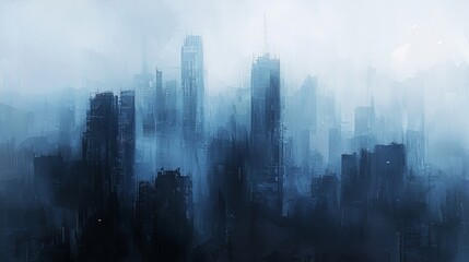 Fototapeta premium City enveloped in soft fog, skyscrapers barely visible, muted gray and blue tones, cinematic mystery, 
