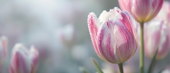 A close-up shot of the delicate petals of a tulip with a slight droop from dew on a misty spring morning, flower, outdoors