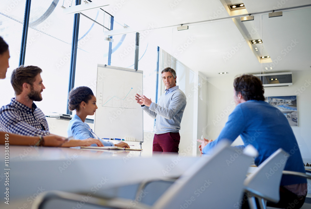 Aufkleber business, man and presentation with graphs on whiteboard at office for report and company growth. em