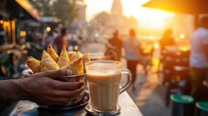 Delicious Samosas Served with Hot Tea on Street at Sunset Indian food cuisine