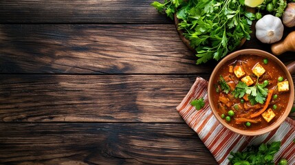 Fresh Vegetable Curry with Paneer on Wooden Table and Herbs Indian food cuisine