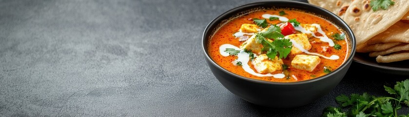 Bowl of Paneer Gravy with Cream Drizzle and Fresh Ingredients Indian food cuisine