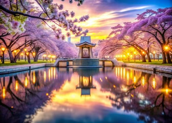 Fototapeta premium Serenity and Remembrance: Double Exposure of the Memorial Cenotaph and Peace Memorial Park in Hiroshima, Japan, Capturing Tranquility and Reflection Amidst Nature's Beauty