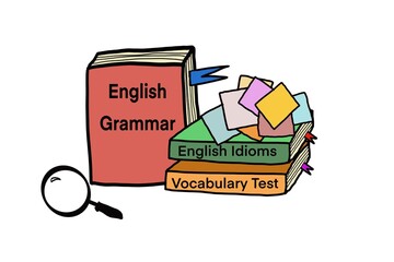 Hand drawn picture of colorful paper cards and magnifying glass. Illustration for education. Concept, English language teaching. English grammar, Idioms, Vocabulary test. Teaching aid.