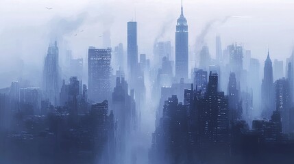 Fototapeta premium City enveloped in soft fog, skyscrapers barely visible, muted gray and blue tones, cinematic mystery, 