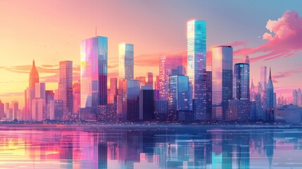 Fototapeta premium Detailed glass buildings with reflections, gradient sky, clean and precise composition, modern cityscape 