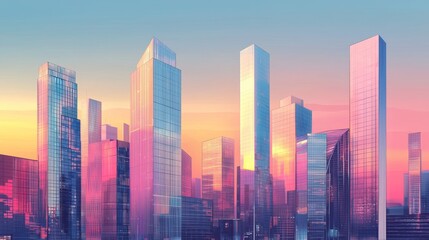 Fototapeta premium Detailed glass buildings with reflections, gradient sky, clean and precise composition, modern cityscape 