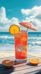 Obraz premium A refreshing cocktail with orange slices and a small umbrella on a beachside table.