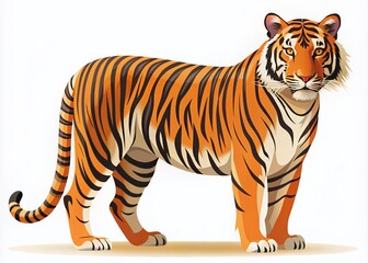Fototapeta premium Side Angle View of a Majestic Tiger, Panthera Tigris, Showcasing Dark Vertical Stripes on Orange Fur, Ideal for Wildlife and Nature-Themed Projects with Ample Copy Space