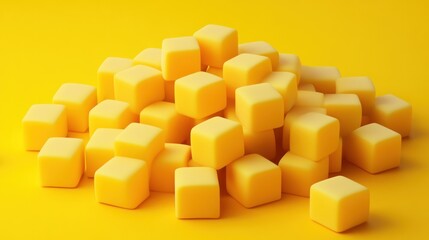 Pile of yellow cubes on yellow background.
