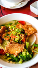 .Asian vegetable soup with deep-fried tofu, served with fresh spring onions