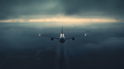 Naklejka premium Airplane Flying Through Dark Clouds with Soft Illuminated Lights in a Gloomy Sky During Sunset Over the Foggy Terrain Below