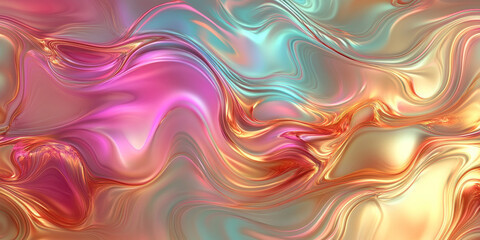 Obraz premium Iridescent holographic surface resembling oil on water, with swirling patterns of pink, turquoise, and gold. Texture is dynamic, with soft gradients.