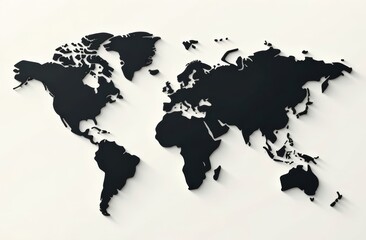 A black silhouette of a world map is displayed against a light background, showcasing the continents and countries. The design features subtle shadows that enhance the three-dimensional effect. © Dipsky