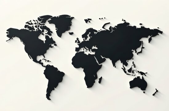 Fototapeta A black silhouette of a world map is displayed against a light background, showcasing the continents and countries. The design features subtle shadows that enhance the three-dimensional effect.