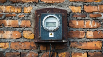Naklejka premium Vintage Blue Electrical Meter Box on a Weathered Brick Wall: A Detailed Architectural Feature