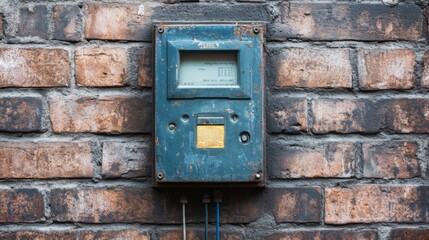 Vintage Blue Electrical Meter Box on a Weathered Brick Wall: A Detailed Architectural Feature