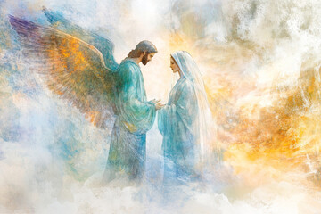 A soft and peaceful digital watercolor of Angel Gabriel appearing to Mary, surrounded by gentle light, as he announces that she will conceive and give birth to Jesus, with Mary's expression filled