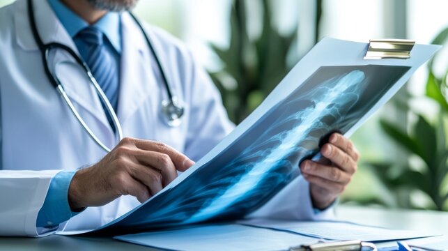 Medical professional reviewing spine X-ray for diagnosis and treatment planning. Expert medical analysis of a patient's skeletal structure.