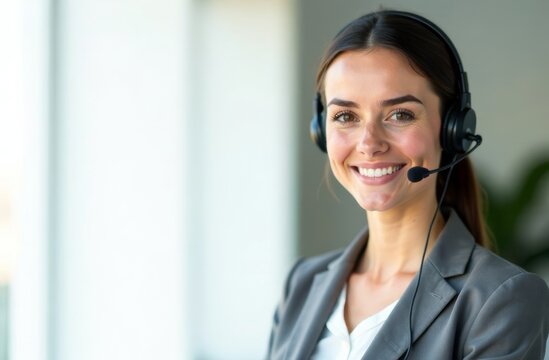 Bright and welcoming office setting where a woman with long hair wears a headset and smiles confidently at her computer, engaging in customer service during daytime hours. Copy space