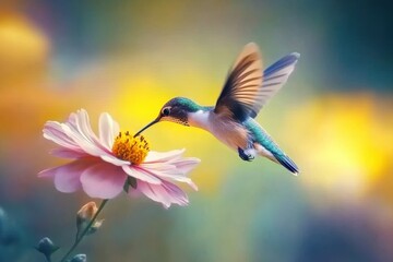 Fototapeta premium Hummingbird Mid-Flight Feeding on a Pink Flower with Blurred Wings and a Vibrant Soft-Focus Background
