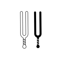 Two tuning forks side by side, one in solid black and the other outlined in black with a white interior. Minimalist design, focusing on shape and visual balance