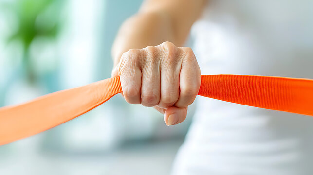 elderly woman using resistance band for strength training, showcasing determination and focus. This exercise promotes physical health and mobility