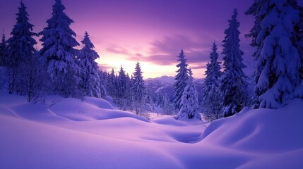 Beautiful snow-covered forest at sunset, purple sky, beautiful landscape