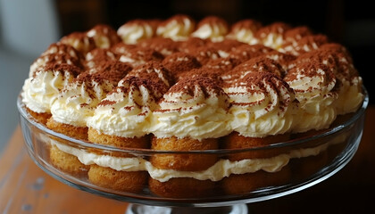Delicious tiramisu dessert in a glass bowl, layered with ladyfingers, cream, and cocoa powder.