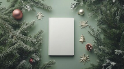 Elegant Winter Christmas Flatlay Design with Blank Book, Fir Branches, Ornaments, and Snowflakes on a Sage Green Background. Perfect for Holiday, Festive, and Minimalist Decor Inspiration.