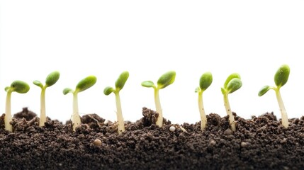 A series of young plant seedlings in various growth stages, emerging from the soil against a white background, representing new life and growth.