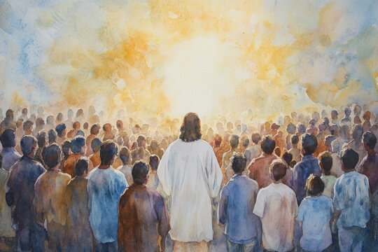Jesus surrounded by a vast crowd, with a soft golden halo above him. The watercolor captures the diversity of people, using soft earthy tones and warm light to create an inclusive and welcoming scene.