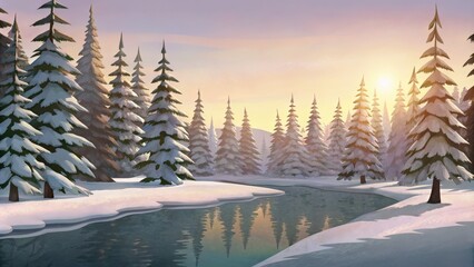 Picturesque Snowy Riverbank Surrounded by Pine Trees at Sunset
