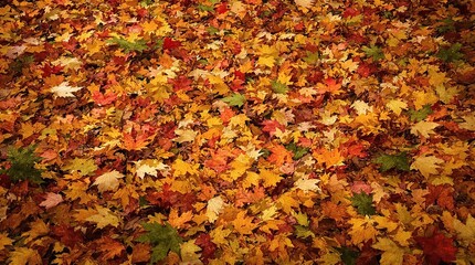 A group of fallen autumn leaves forms a natural mosaic on the forest floor, leaf carpet, outdoor scene, natural scenery