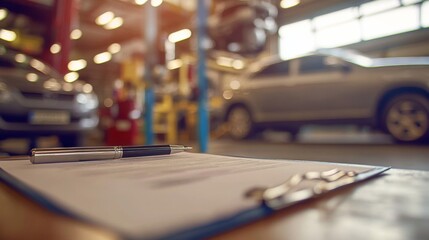 Obraz premium Close-up clipboard pen top it is resting wooden A view