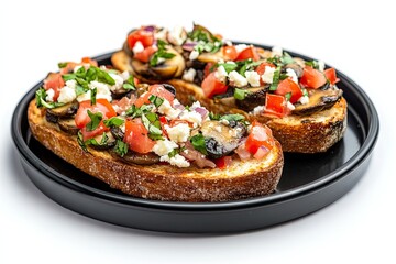 Bruschetta with mushrooms and white cheese in black plate isolated on white background. Vegetarian food