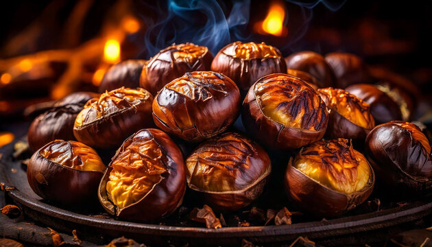 Primer plano de deliciosas casta&ntilde;as asadas en oto&ntilde;o (AF)
