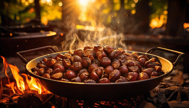 Primer plano de deliciosas casta&ntilde;as asadas en oto&ntilde;o (AF)