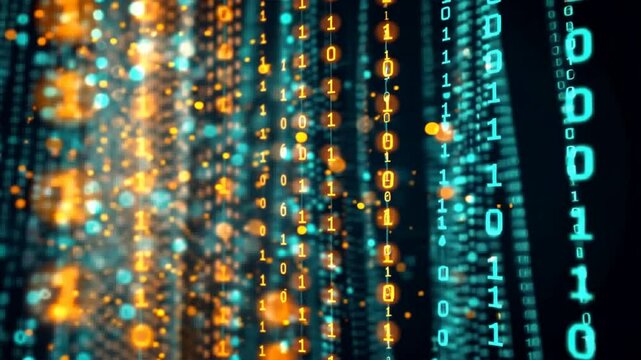 Vibrant Digital Background with Cascading Binary Code in Blue and Orange Hues, Creating Futuristic Atmosphere of Technology and Data Flow.
