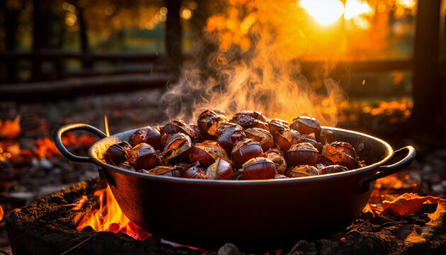 Primer plano de deliciosas casta&ntilde;as asadas en oto&ntilde;o (AF)